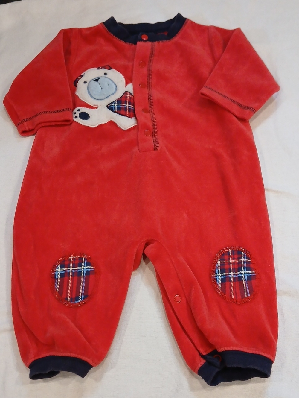 "Baby Okie Dokie" Red Velour Baby One-Piece Romper with Bear Appliqué